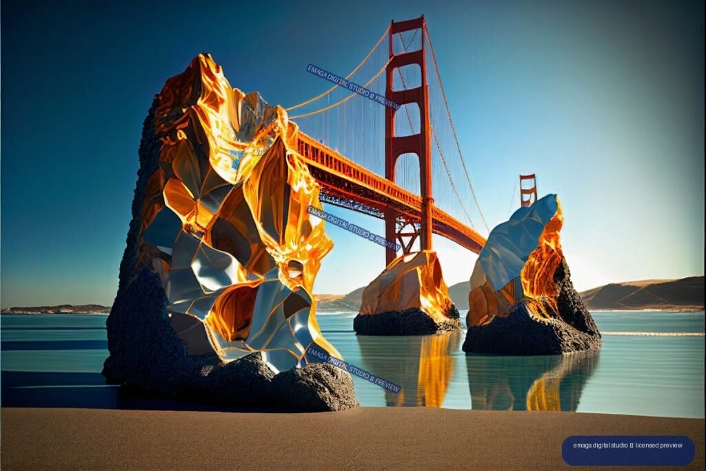 Golden Gate Bridge framed by glowing angular rock formations over reflective blue water.