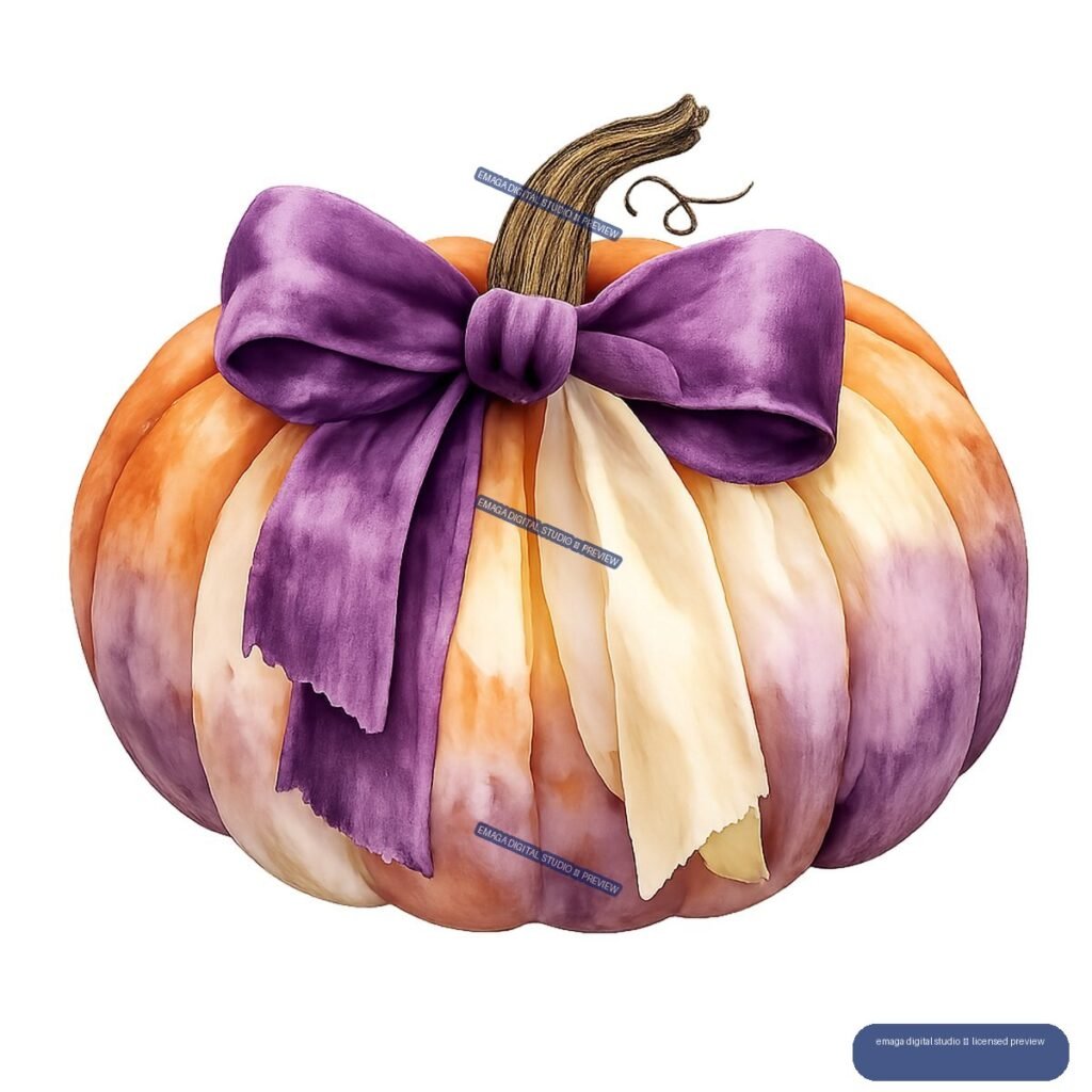 Watercolor-style orange, cream, and purple pumpkin decorated with a large purple bow and curved brown stem.