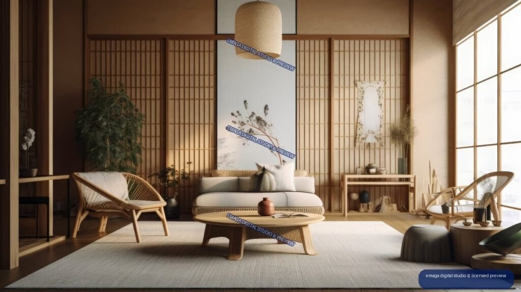 Warm minimalist living room with shoji screens, woven furniture, a cream sofa, low coffee table, plants, and tall sunlit windows.