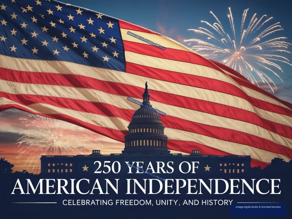 Commemorative poster showing a waving American flag, the U.S. Capitol dome, fireworks, and text celebrating 250 years of American independence.