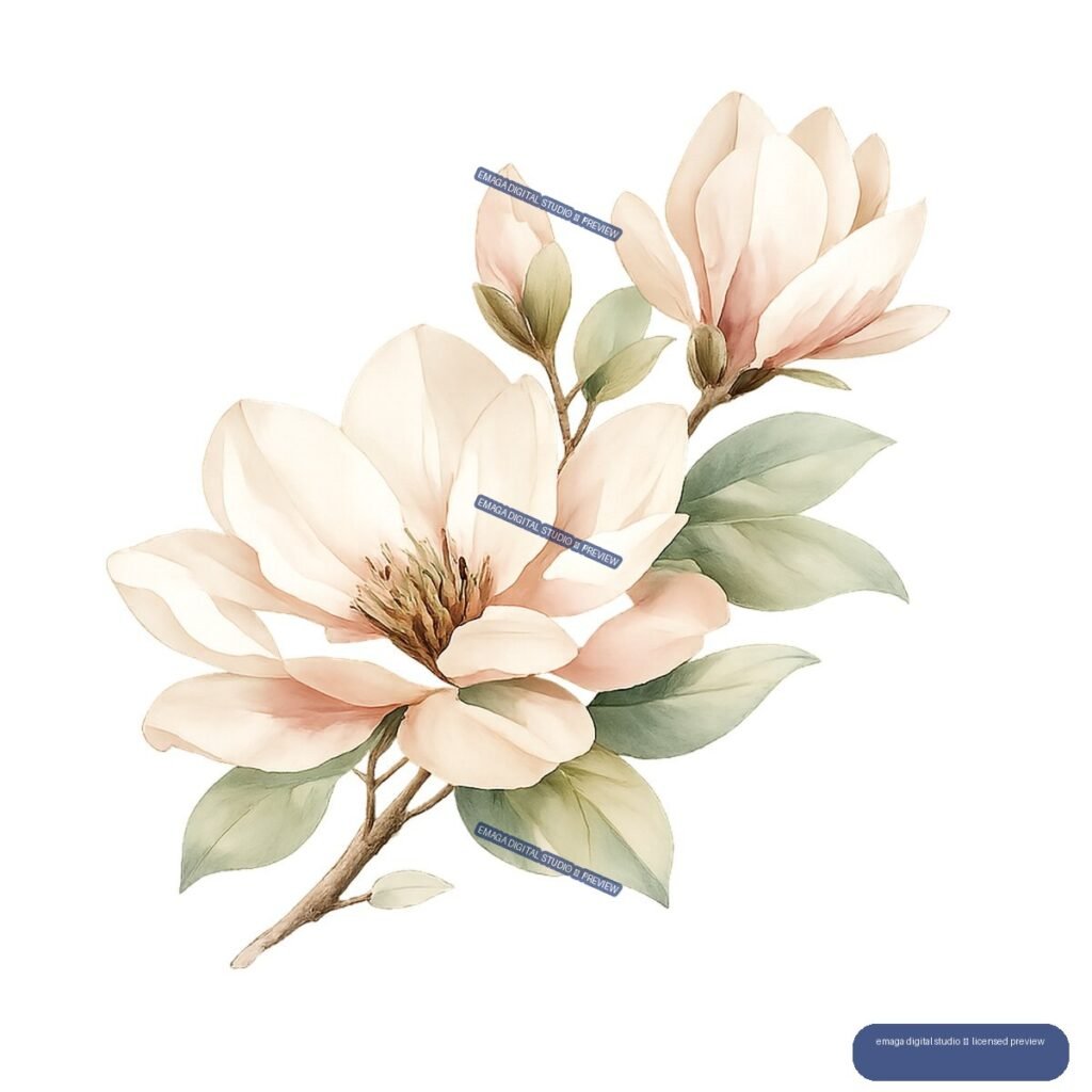 Watercolor illustration of a magnolia branch with three pale pink and cream flowers, green leaves, and buds.
