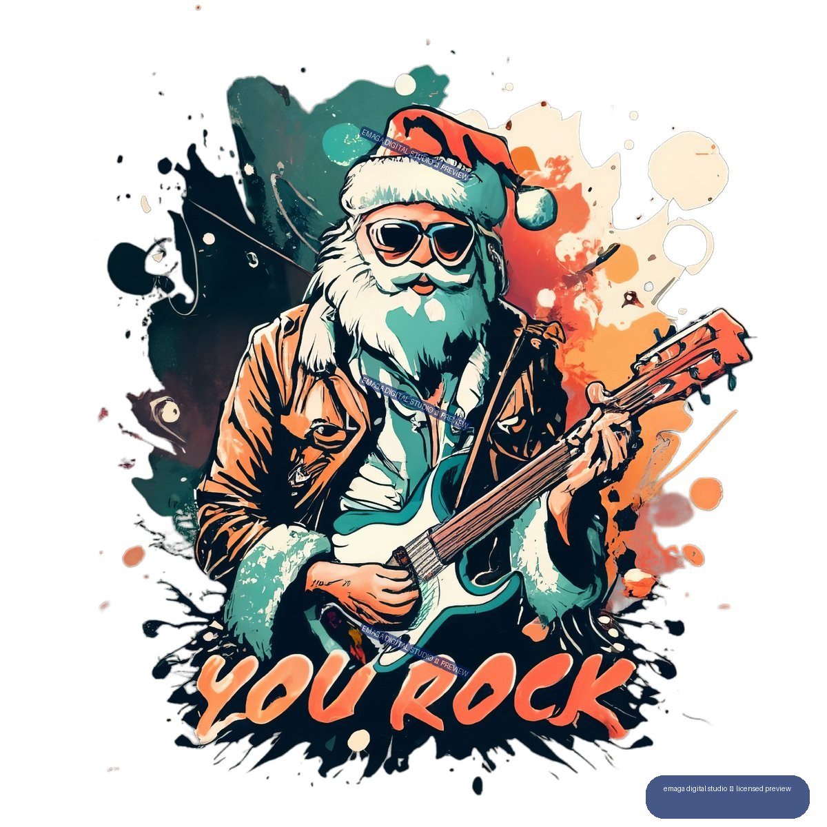 Illustrated Santa Claus in sunglasses and a red hat playing an electric guitar, surrounded by colorful paint splatters, with YOU ROCK lettering below.