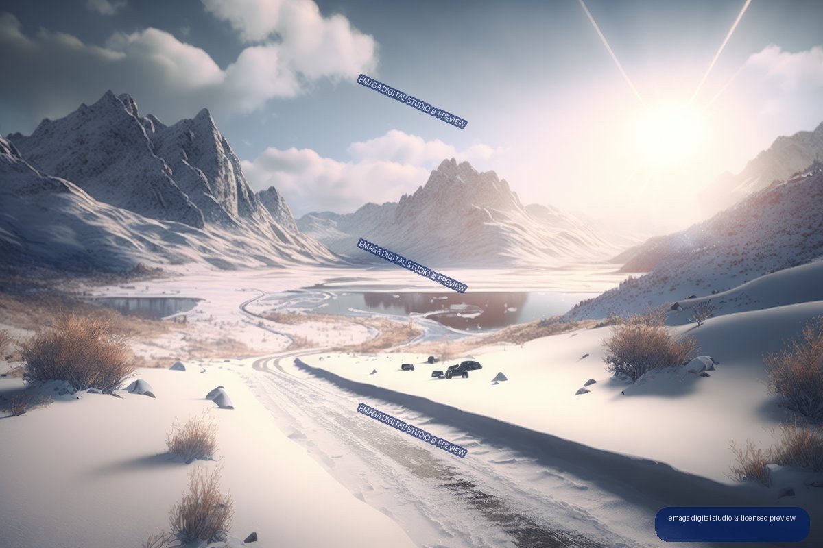 Snow-covered mountain valley with a winding tracked path, frozen lake, jagged peaks, and bright low sun.