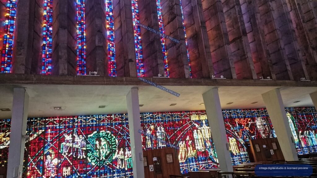 Colorful stained glass windows inside a modern church interior — Casablanca, Morocco