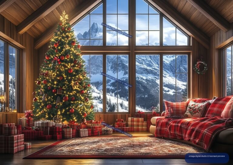 Christmas Chalet Living Room with Mountain View - No. 001376