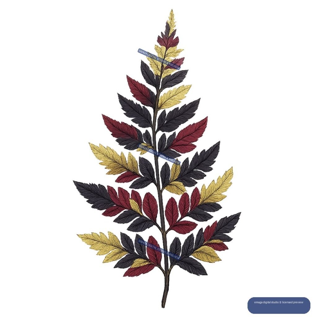 A tall botanical branch with pointed leaves in charcoal, burgundy, and golden yellow.