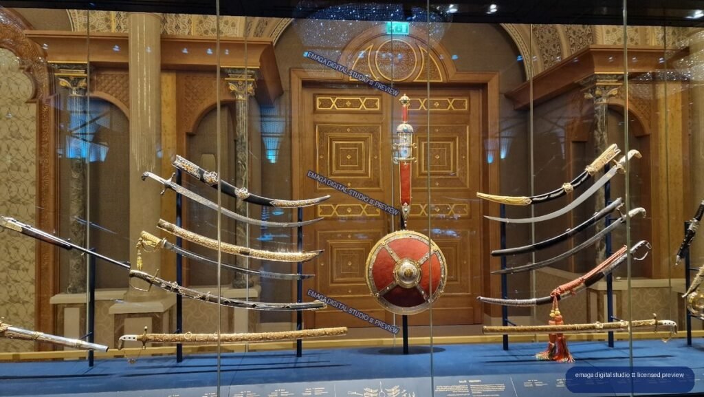 Ornate Display of Decorative Swords and Shield Behind Glass — Qasr Al Watan, Abu Dhabi