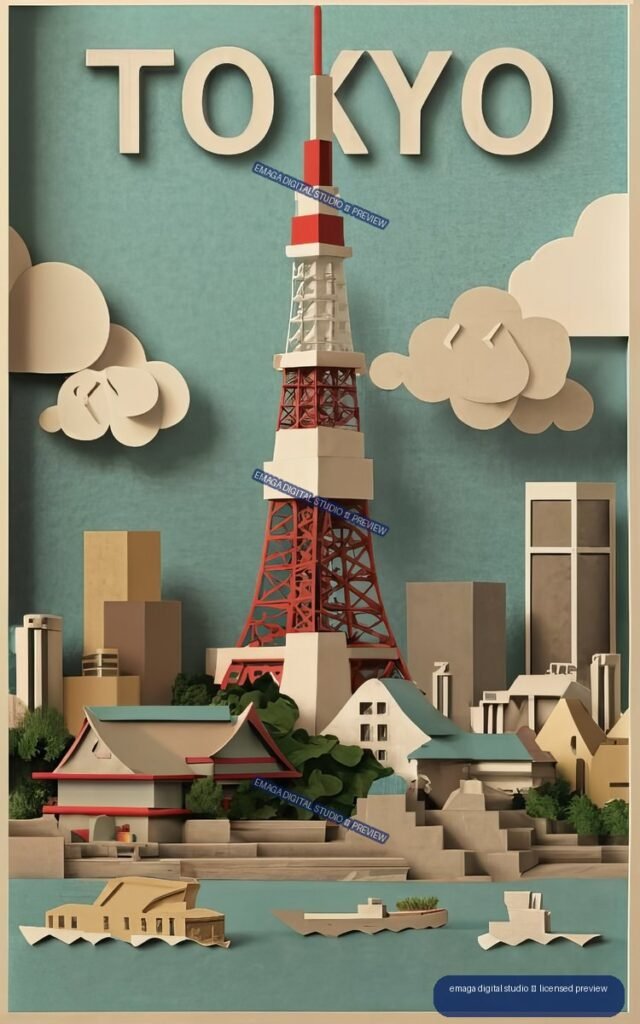Layered paper-cut travel poster showing Tokyo Tower above a stylized city and waterfront, with large TOKYO lettering and clouds.