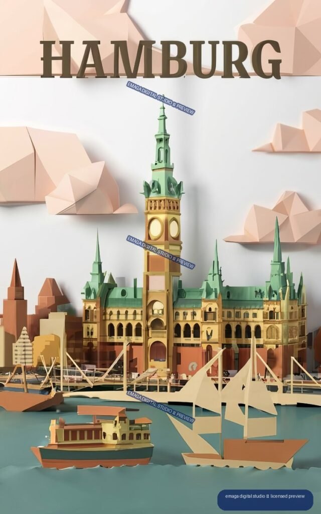 Paper-art illustration of Hamburg harbor with a clock tower, historic buildings, boats, geometric clouds, and the word HAMBURG.