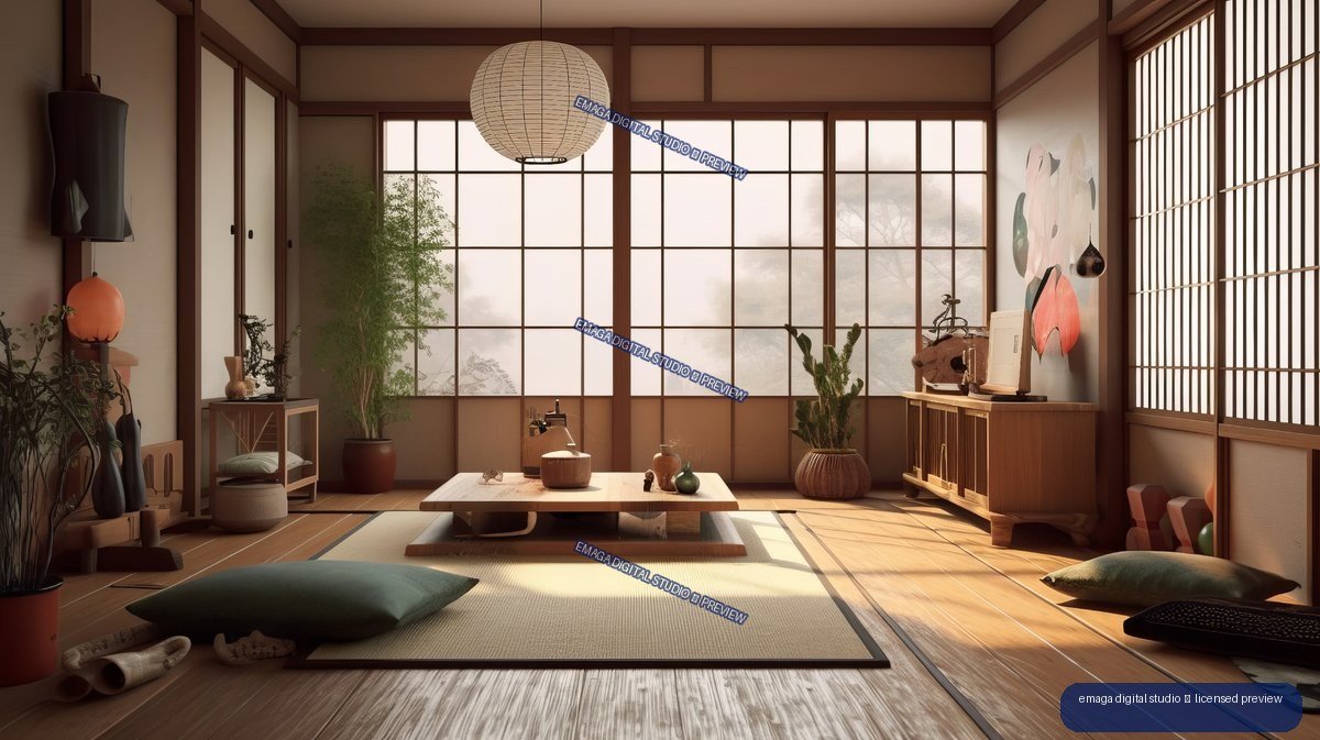 Warm minimalist living room with wooden floors, shoji screens, low table, cushions, plants, and a round paper pendant lamp.