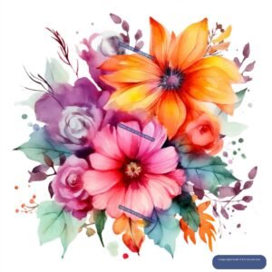 Vibrant watercolor bouquet with pink, purple, orange, and yellow flowers, green leaves, and scattered sprigs.