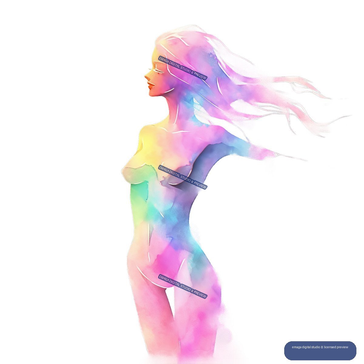 Colorful watercolor nude female figure in side profile with long flowing hair and an extended arm.