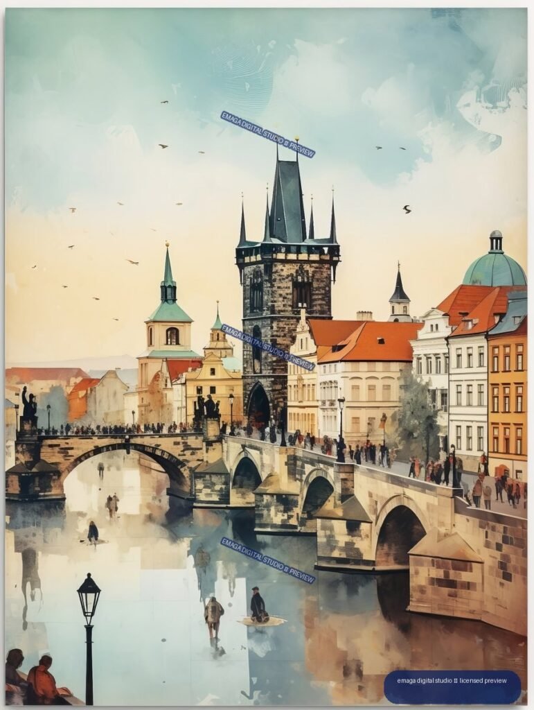 Illustrated Prague cityscape showing Charles Bridge, historic towers, church spires, colorful buildings, pedestrians, birds, and reflections in the water.