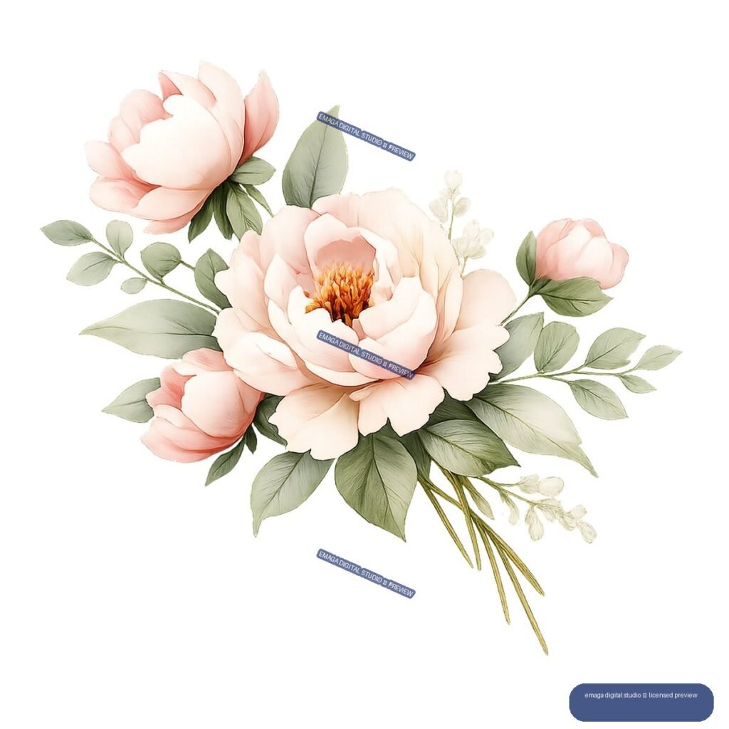 Watercolor-style bouquet of peach peonies, green leaves, stems, and pale filler flowers.
