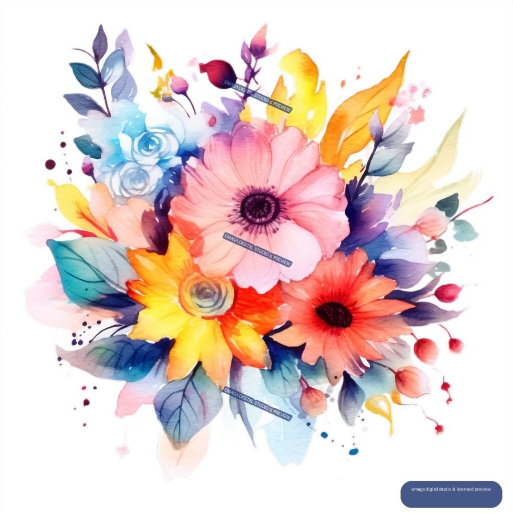 Vibrant watercolor bouquet with a large pink flower, colorful surrounding blossoms, leaves, buds, and scattered paint splashes.