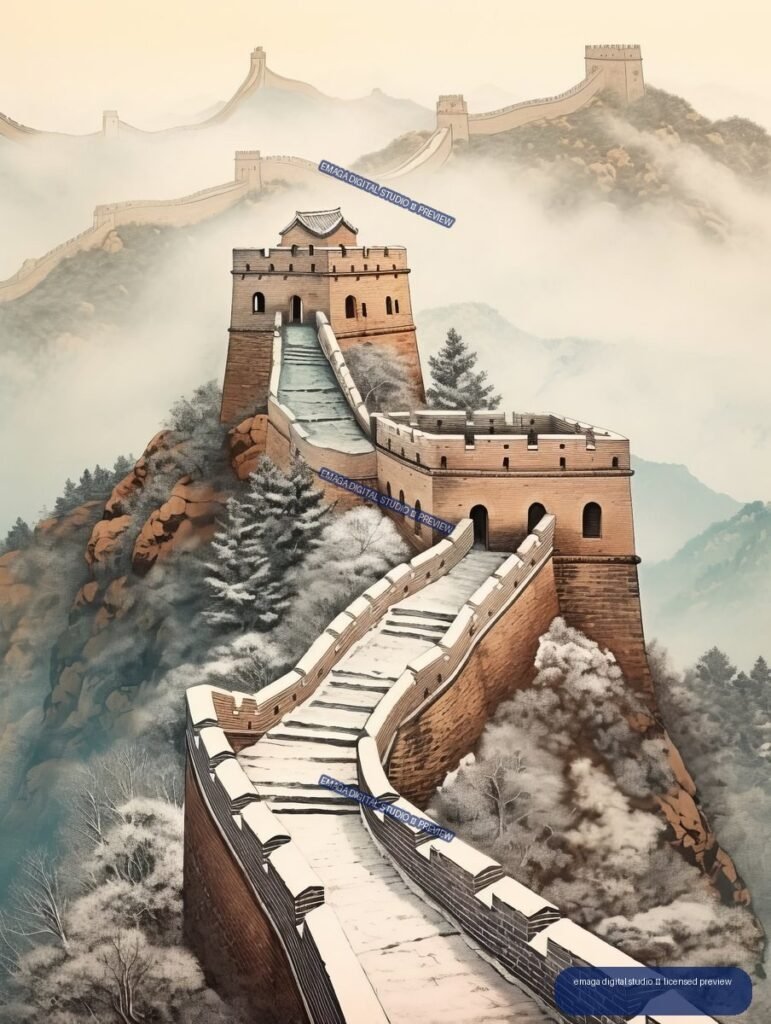 Illustrated Great Wall of China with snow-covered steps, watchtowers, rocky mountains, trees, and mist.