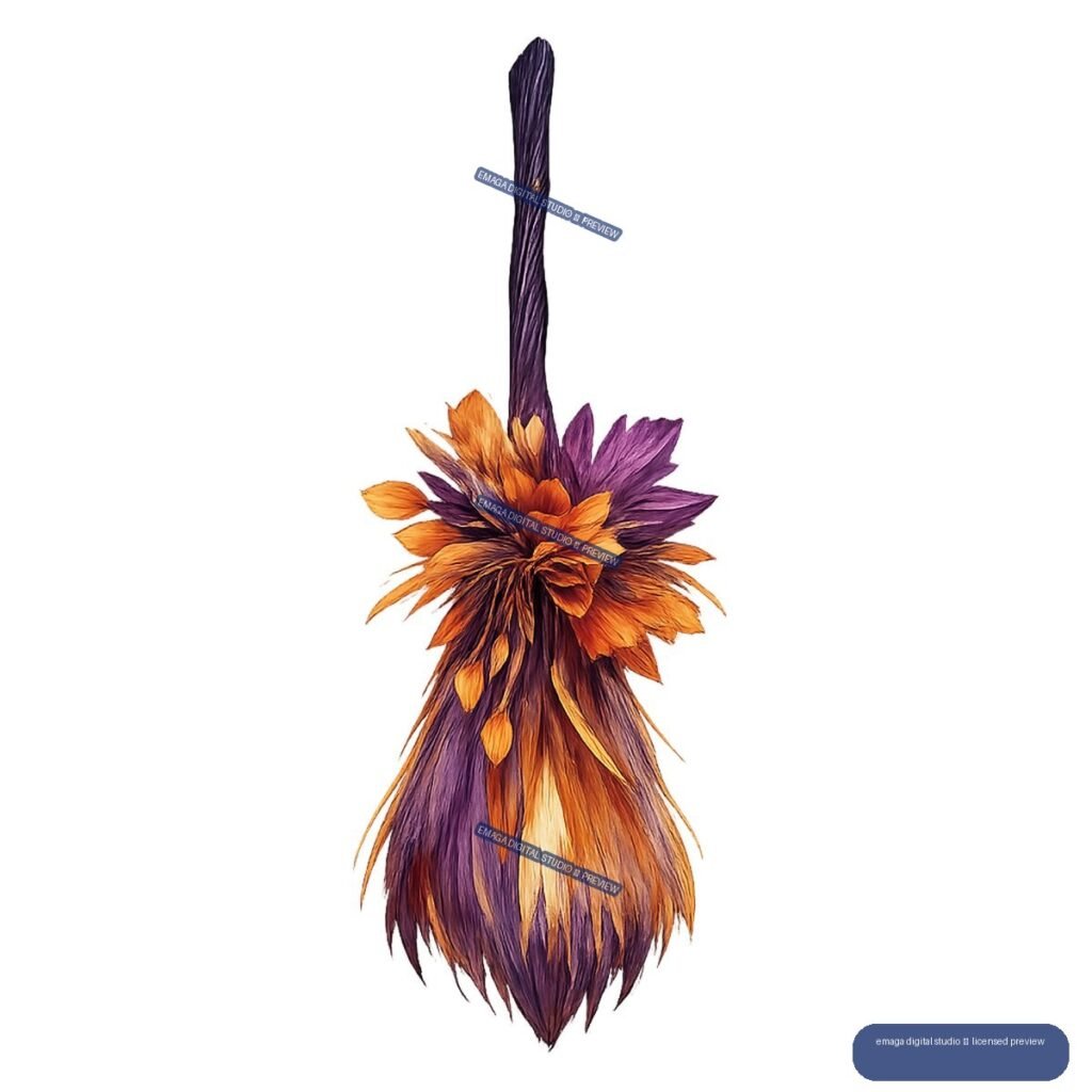 Vertical decorative witch broom with a dark purple handle and a large purple, orange, and gold floral tassel.