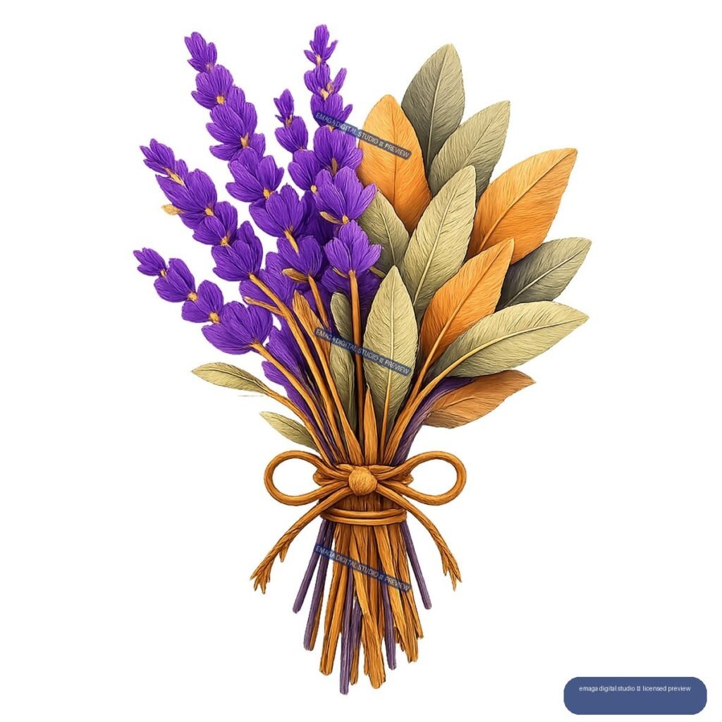 Botanical bundle with purple flower spikes, orange and olive leaves, and a golden-brown bow.
