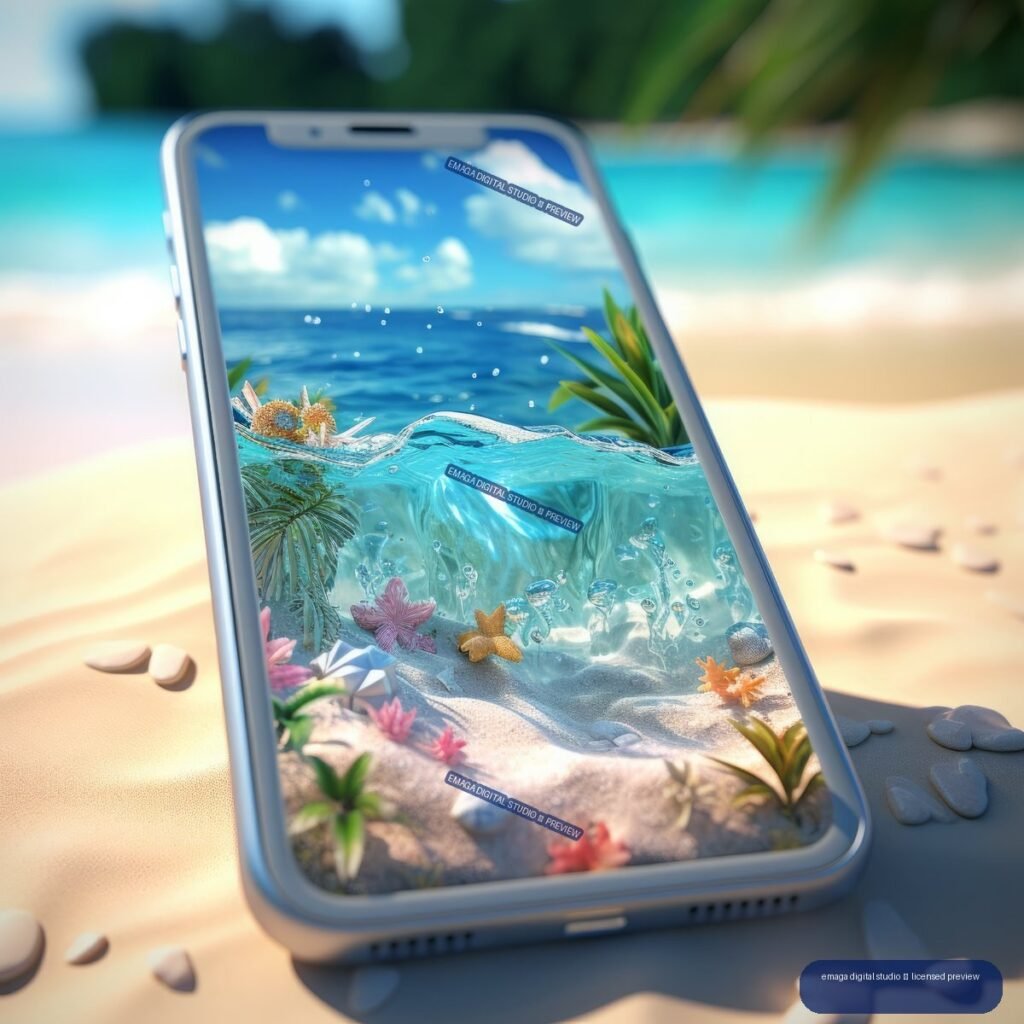 A mobile phone on a sandy beach displays a colorful tropical underwater scene with waves, plants, flowers, shells, and starfish.
