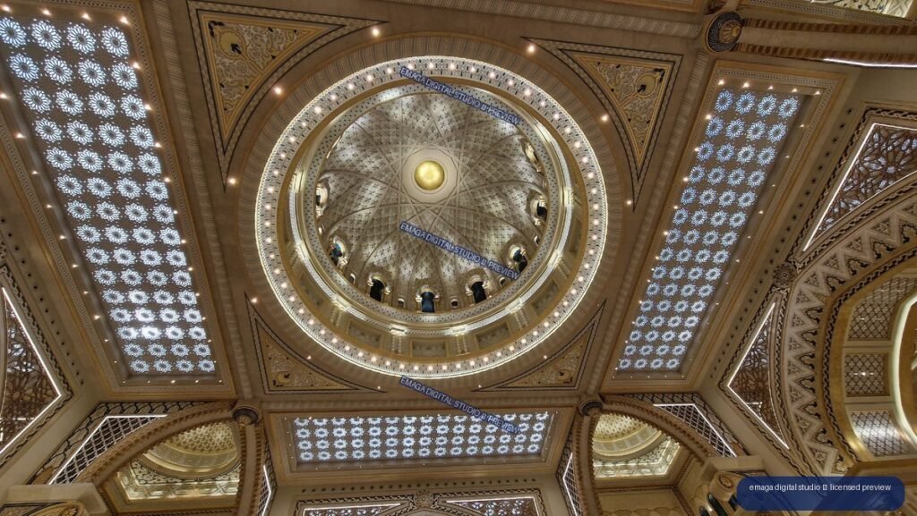 Ornate domed ceiling with geometric Islamic architectural details