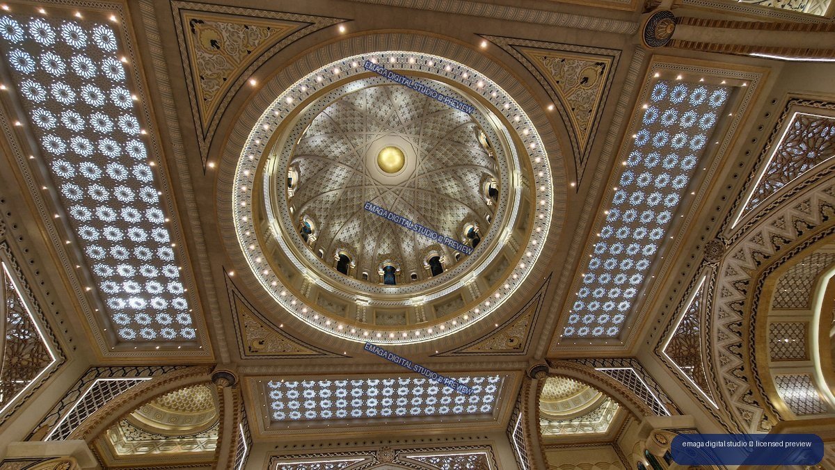 Ornate domed ceiling with geometric Islamic architectural details