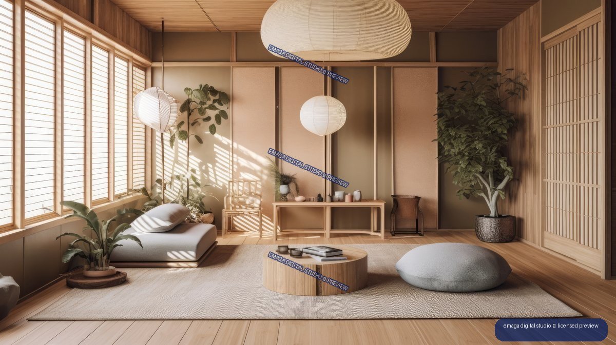 Minimalist Japandi living room with wood paneling, shoji screens, paper lanterns, plants, low furniture, and sunlight casting slatted shadows.