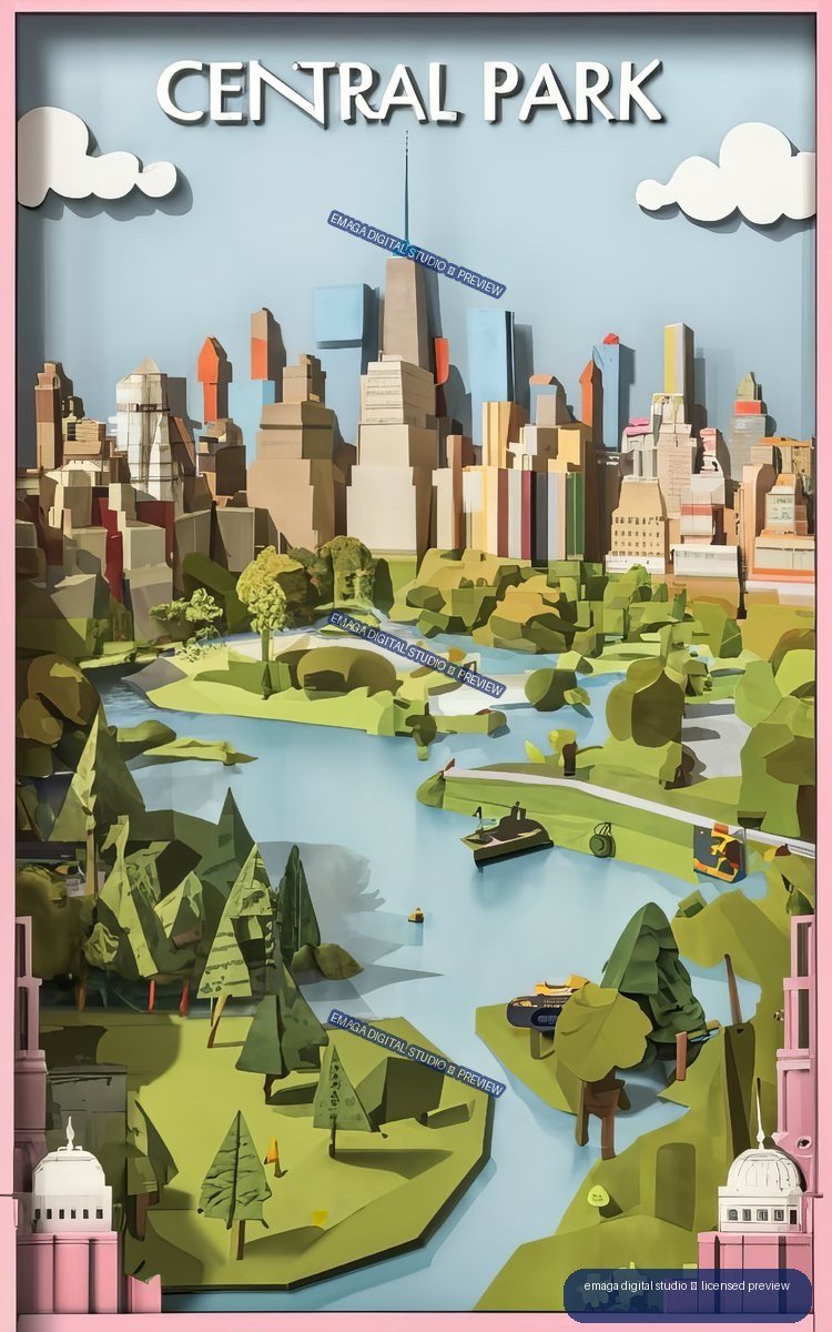 Stylized travel poster labeled CENTRAL PARK showing a geometric New York City skyline behind green parkland, ponds, boats, and paths.