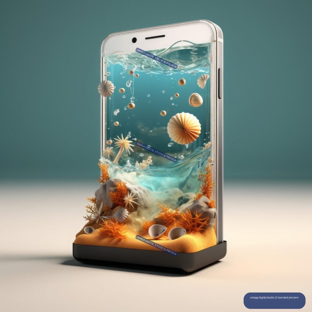 3D-rendered smartphone containing a miniature underwater terrarium with water, shells, coral, sand, rocks, and bubbles.