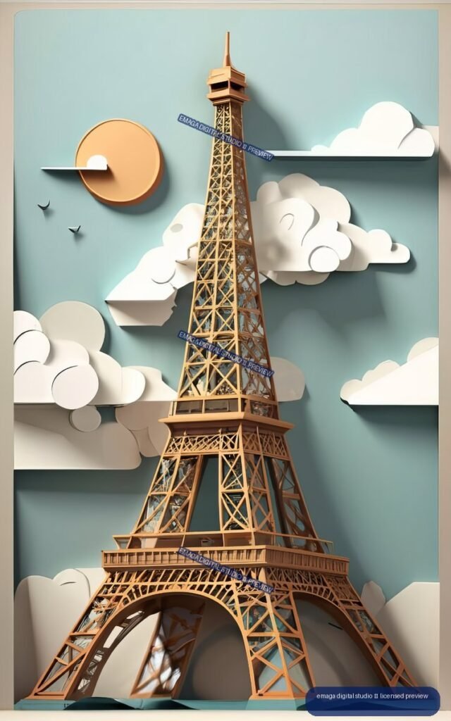 Layered paper-art Eiffel Tower centered against a blue-green sky with clouds, sun, and birds.