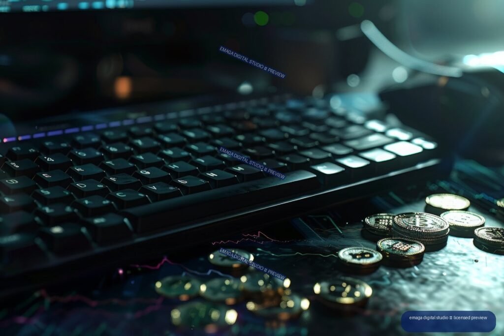 Dark laptop keyboard beside scattered cryptocurrency coins on a reflective surface, illuminated with teal and green light.