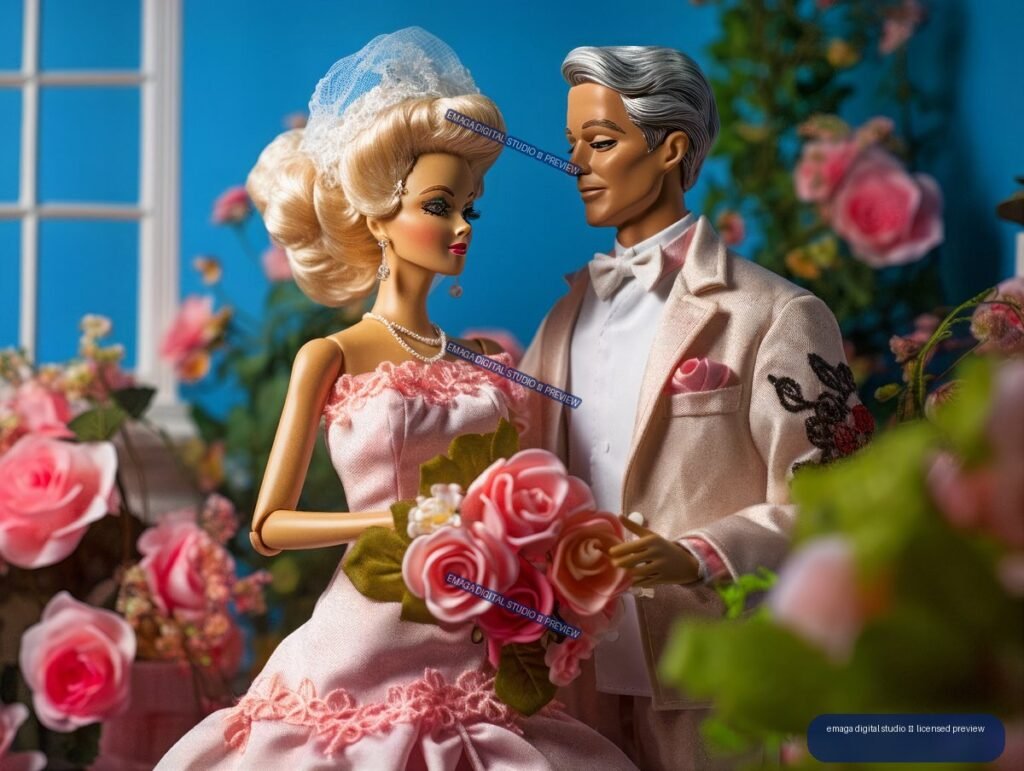 Two fashion dolls in formal attire pose with a bouquet among pink roses and flowering plants.