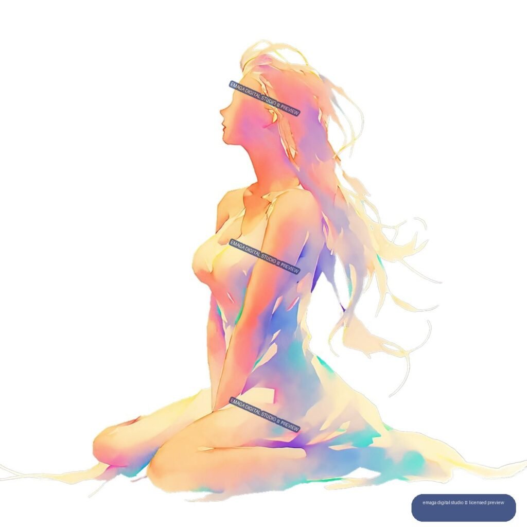 Luminous watercolor-style nude female figure seated in profile, with flowing multicolored hair and translucent washes of pink, violet, turquoise, and gold.