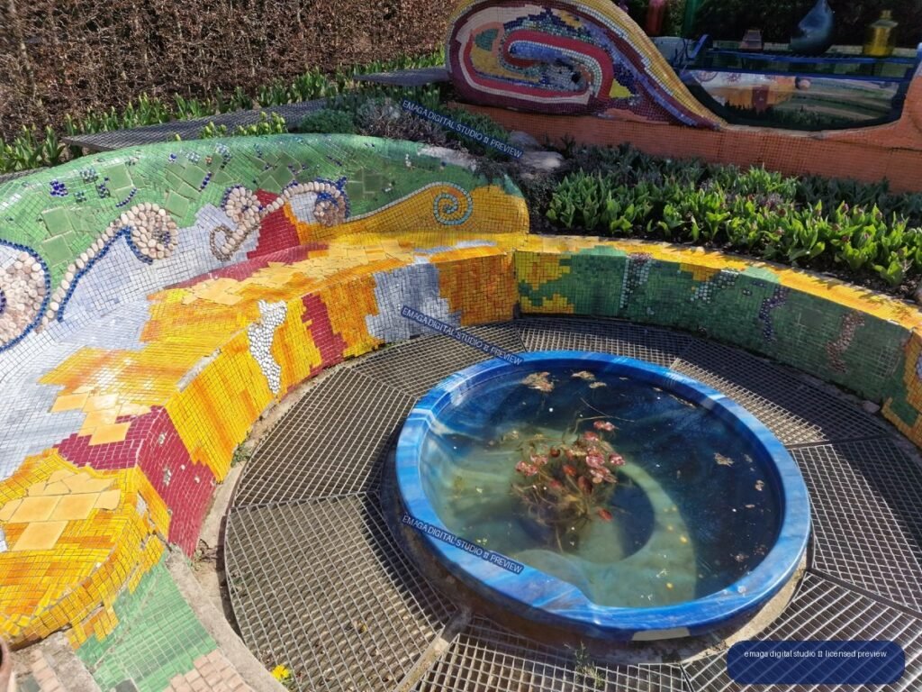 Colorful Mosaic Garden Pond Surrounded by Curved Tiled Seating — Hortulus Gardens, Dobrzyca