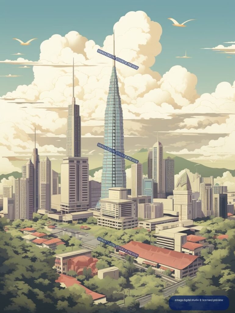 Stylized poster illustration of Kuala Lumpur with the Petronas Twin Towers, surrounding skyscrapers, green hills, trees, red-roofed buildings, dramatic clouds, and birds.