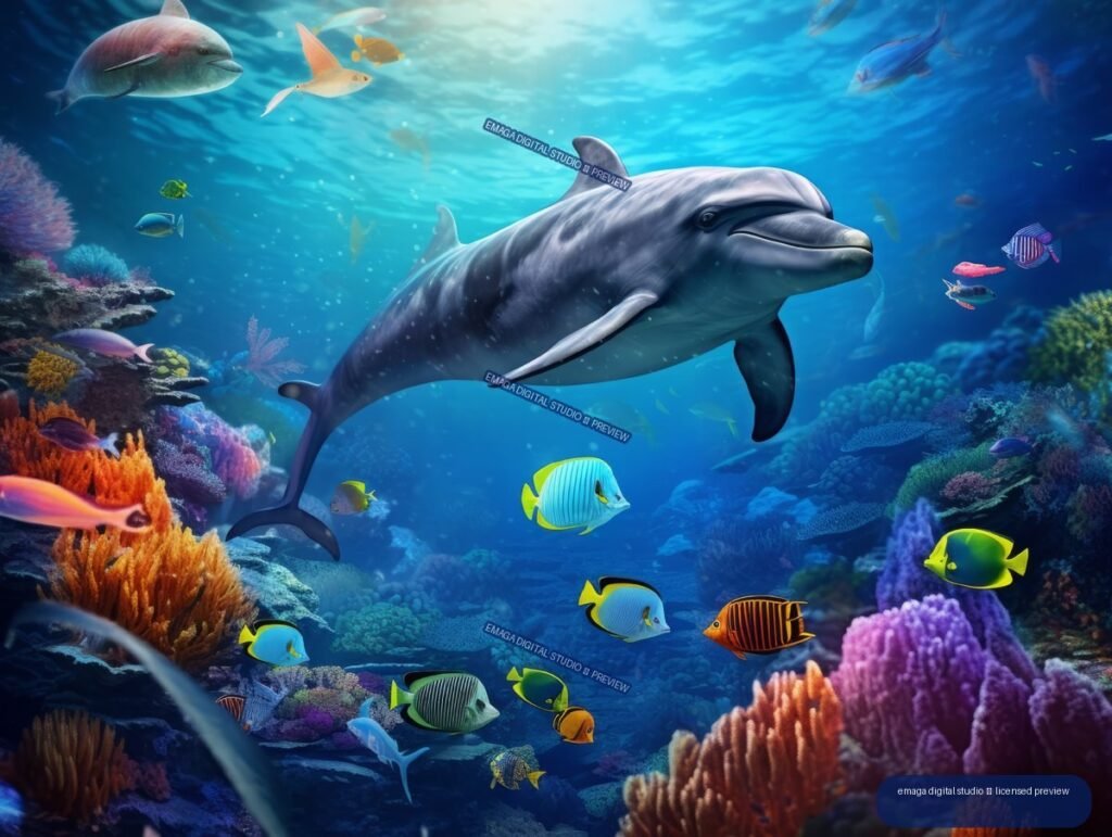 Large dolphin swimming above a colorful coral reef, surrounded by many tropical fish in blue underwater light.
