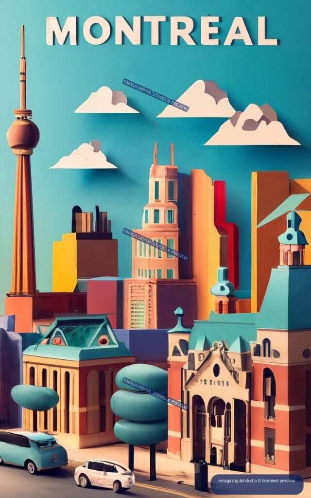 Stylized colorful Montreal cityscape with buildings, a communications tower, clouds, trees, cars, and MONTREAL text at the top.