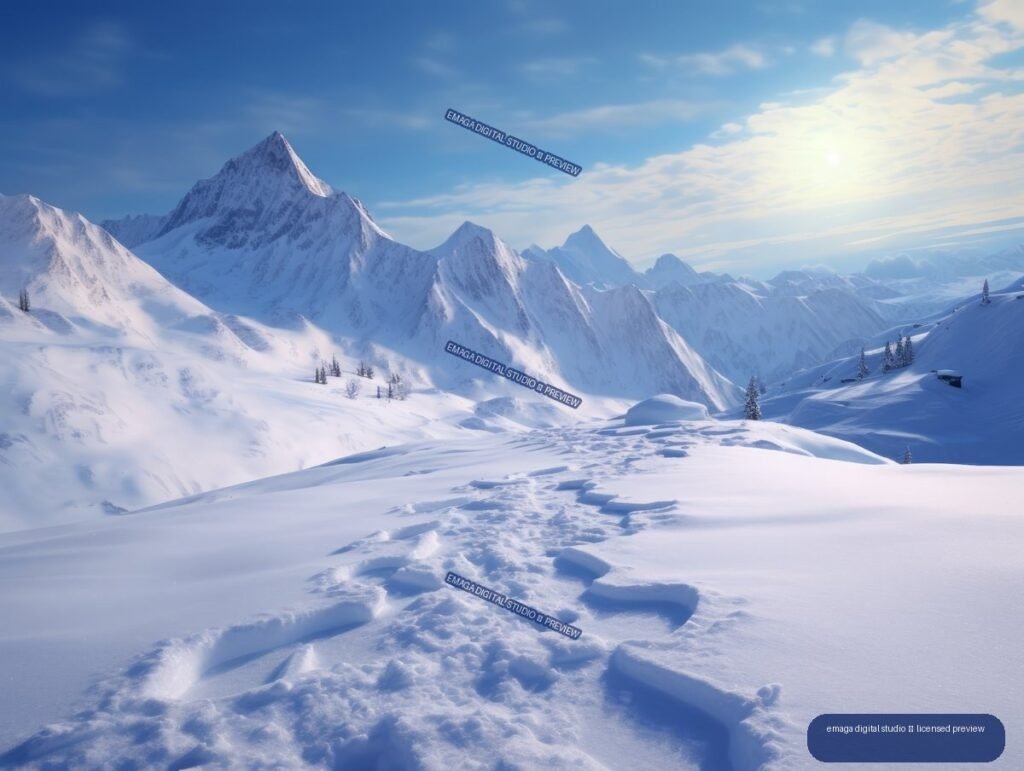 Snow-covered mountain range with a foreground track, scattered conifers, and sunlight breaking through clouds.