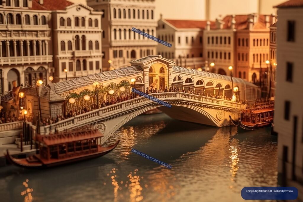 Stylized golden-hour view of Venice’s Rialto Bridge over the Grand Canal, with boats, illuminated buildings, and reflections.