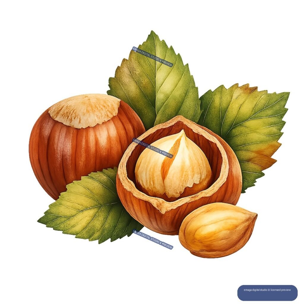 Illustration of whole and cracked hazelnuts with visible kernels, surrounded by green and autumn-colored leaves.