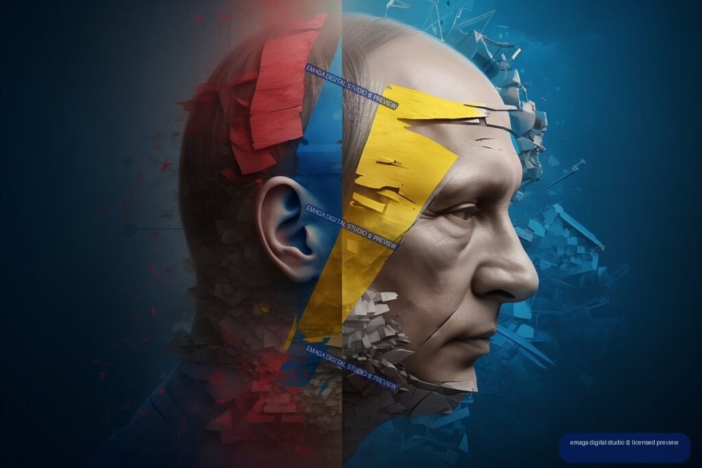Dramatic split side-profile portrait resembling Vladimir Putin, with Ukrainian blue-and-yellow motifs and fragmented conflict-inspired textures.