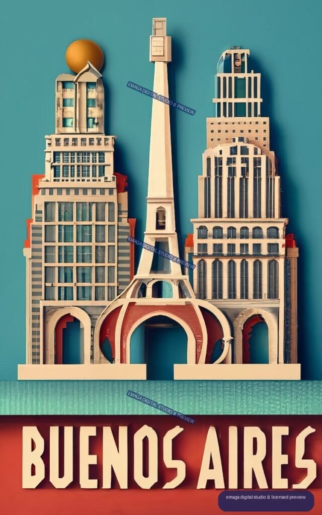 Stylized Buenos Aires poster with layered Art Deco buildings and a central Eiffel Tower-like monument against a teal background.