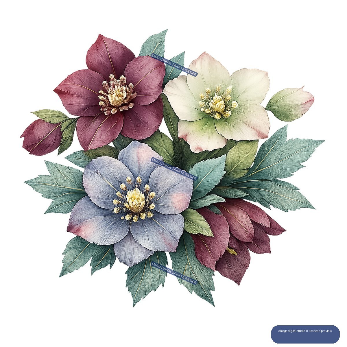 Watercolor illustration of burgundy, ivory, and blue-violet hellebore-like flowers with green-blue leaves and unopened buds.