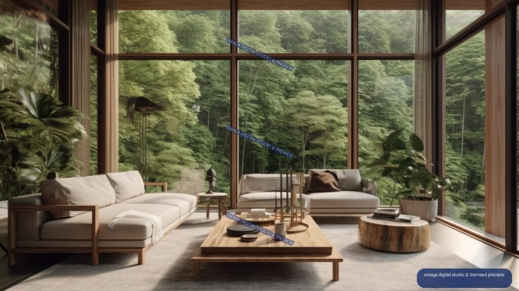 Minimalist Japandi living room with neutral sofas, wood furniture, plants, and large windows overlooking a dense forest.