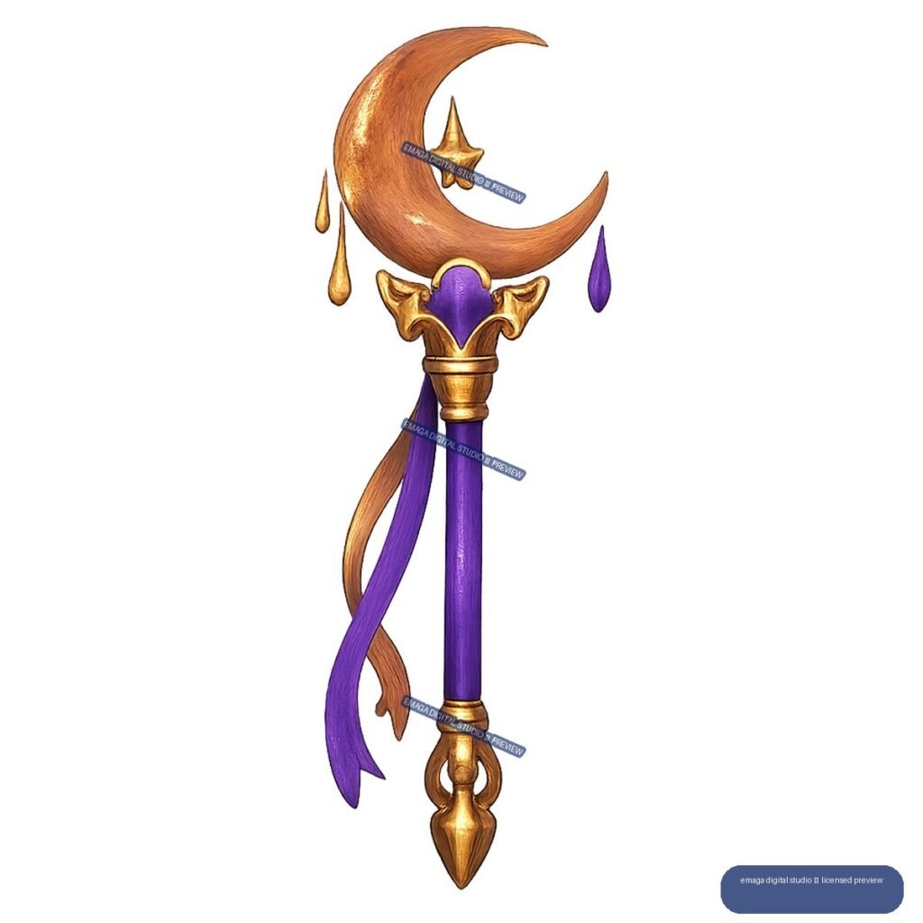 Ornate purple and gold fantasy wand with a copper crescent moon, star, and trailing ribbons.
