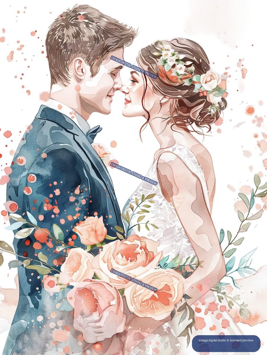 Watercolor illustration of a bride and groom facing each other amid large peach roses, leafy branches, and scattered petals.