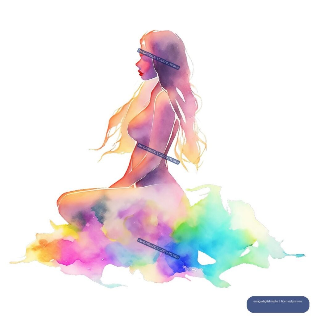 Watercolor illustration of a seated nude female figure in profile, with long flowing hair and a multicolored abstract paint pool beneath her on white.