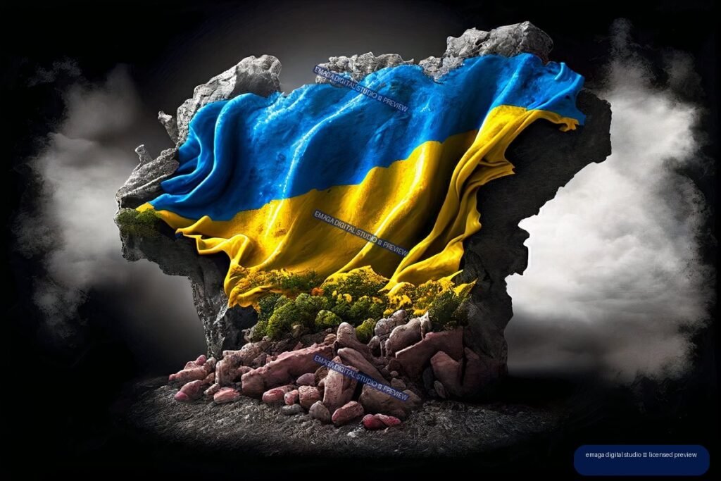 Blue and yellow Ukrainian flag fabric covers a jagged map-shaped rock formation amid smoke, rubble, and reddish stones.