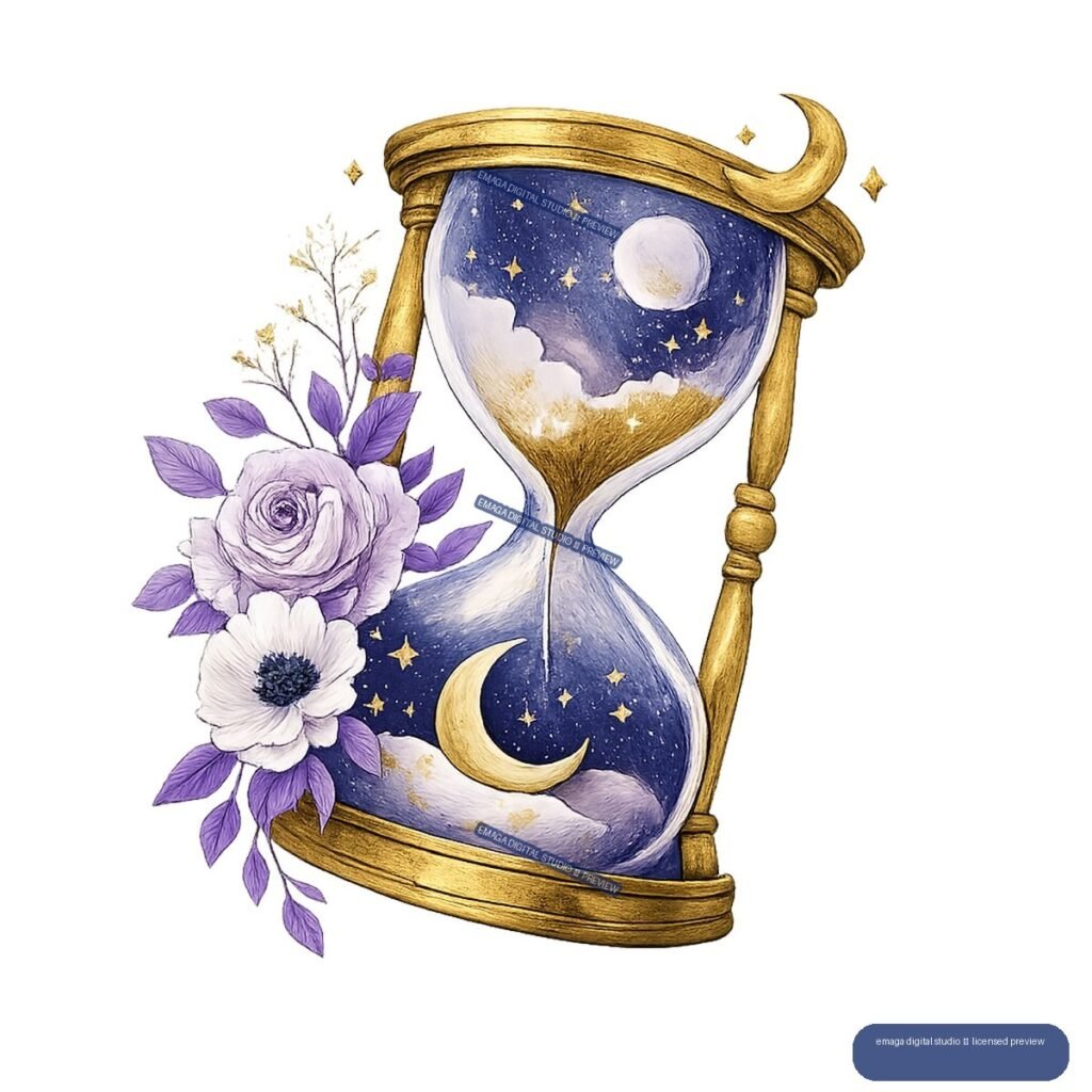 Decorative golden hourglass filled with stars and sand, featuring a full moon above, a crescent moon below, and purple and white flowers with leaves on the left.