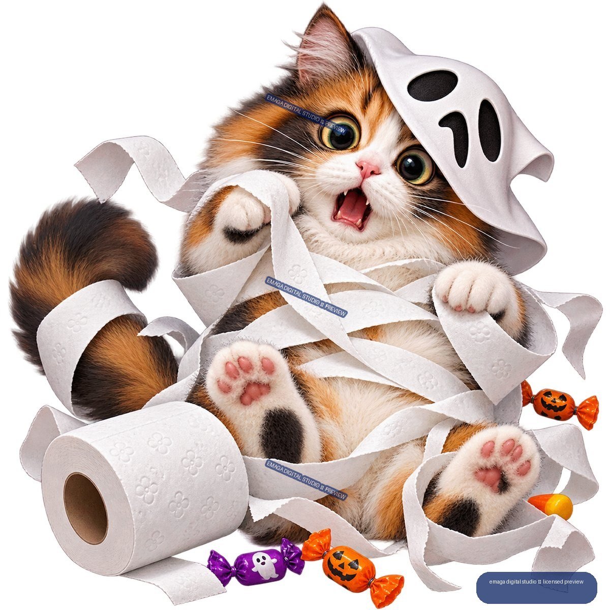 Wide-eyed calico cat wearing a white ghost hat, tangled in toilet paper with Halloween candies nearby.