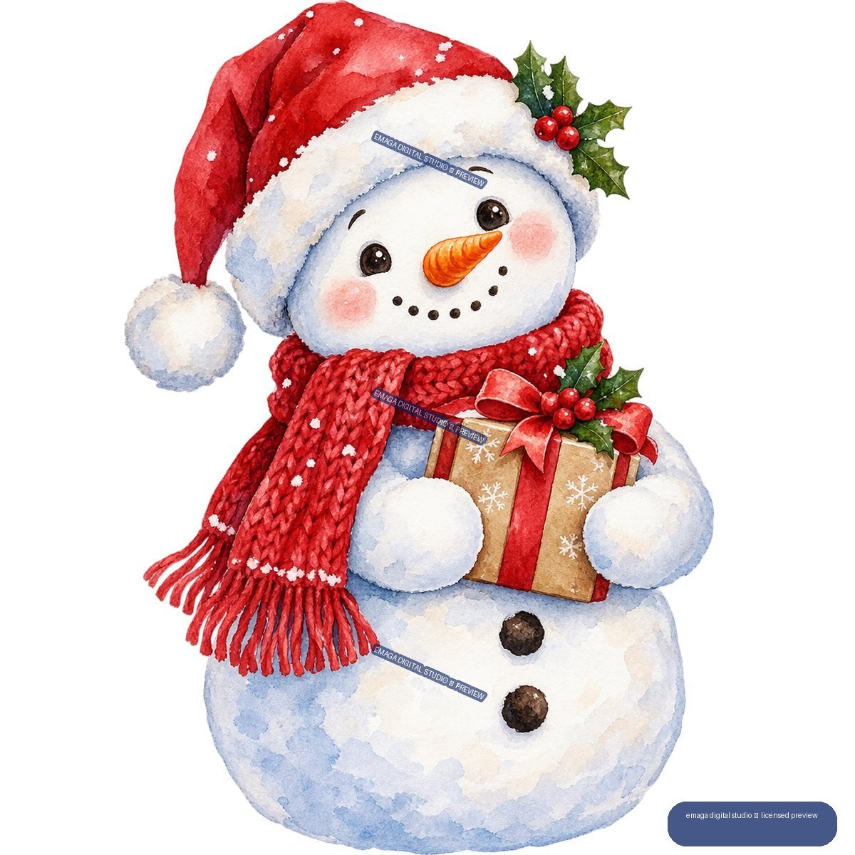 Watercolor snowman in a Santa hat and red scarf holding a holly-decorated Christmas gift.